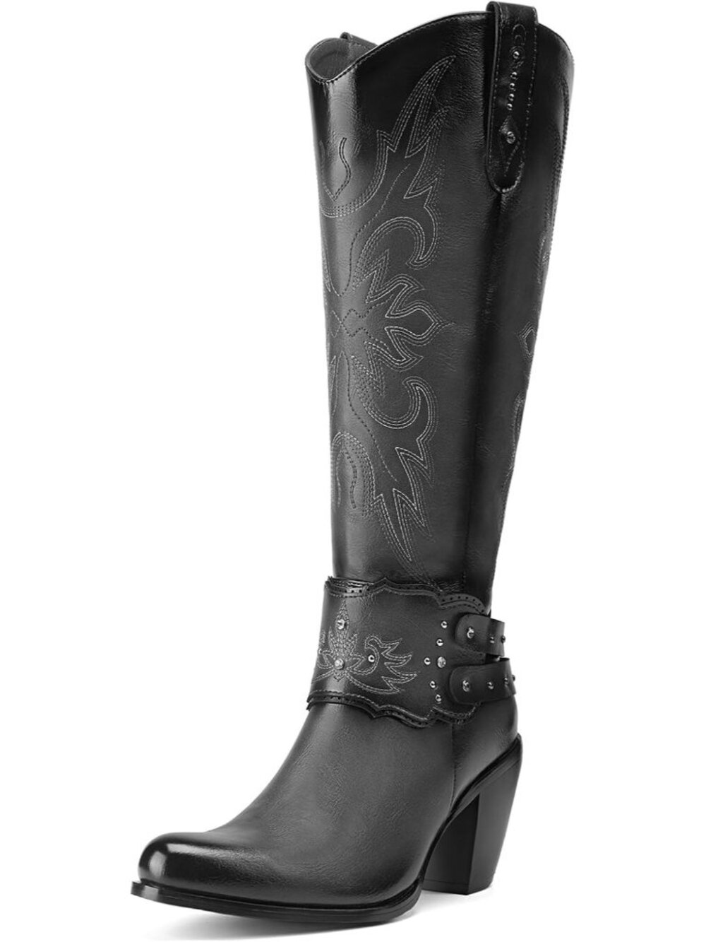 👢Women's Black Cowgirl Boots Knee High Boots Rounded Toe Chunky Heels Pull On